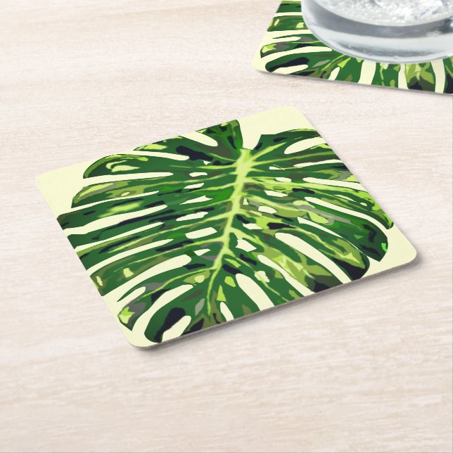 Posavasos Cuadrado De Papel Hoja de Monstera Tropical (En perspectiva)