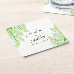 Posavasos Cuadrado De Papel Hojas de color verde boda de color personalizado