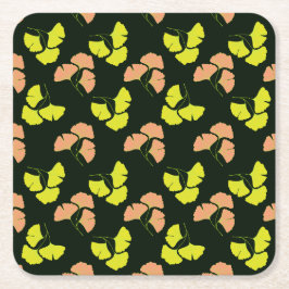 Posavasos Cuadrado De Papel Hojas de Ginko Pastel-Neón sobre Fondo Negro