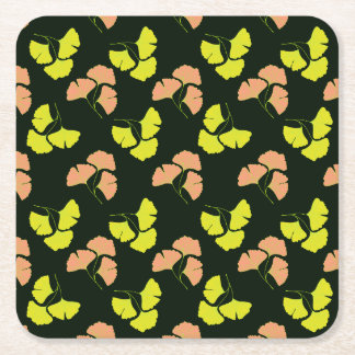 Posavasos Cuadrado De Papel Hojas de Ginko Pastel-Neón sobre Fondo Negro