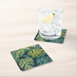 Posavasos Cuadrado De Papel Hojas de Monstera Acuarela Botánica