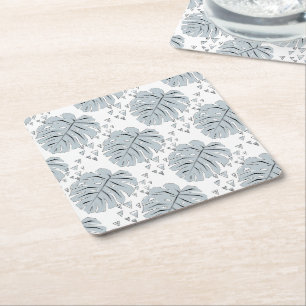 Posavasos Cuadrado De Papel Hojas de monstera gris en blanco