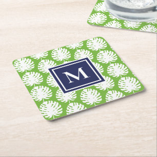 Posavasos Cuadrado De Papel Hojas de Monstera Verde Azul Marino Monograma Mode