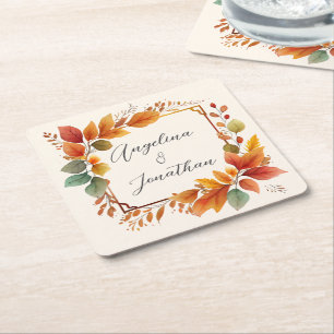 Posavasos Cuadrado De Papel Hojas de Otoño Elegantes en Acuarela sobre Crema p