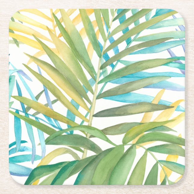 Posavasos Cuadrado De Papel Hojas de palma tropicales (Anverso)