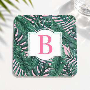 Posavasos Cuadrado De Papel Hojas de palma verde tropical monograma rosa