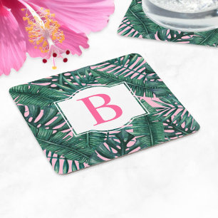Posavasos Cuadrado De Papel Hojas de palma verde tropical monograma rosa
