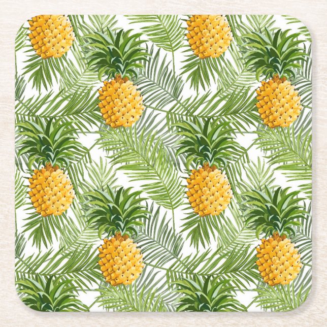 Posavasos Cuadrado De Papel Hojas de palma y piñas tropicales (Anverso)