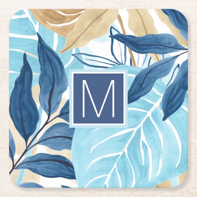 Posavasos Cuadrado De Papel Hojas de selva azul (Anverso)