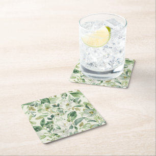 Posavasos Cuadrado De Papel Hojas florales de acuarela verde botánica Naturale