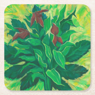 Posavasos Cuadrado De Papel Hojas, hojas y orquídeas, pintura de arte floral