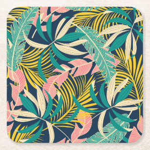 Posavasos Cuadrado De Papel Hojas tropicales coloridas: patrón de verano.
