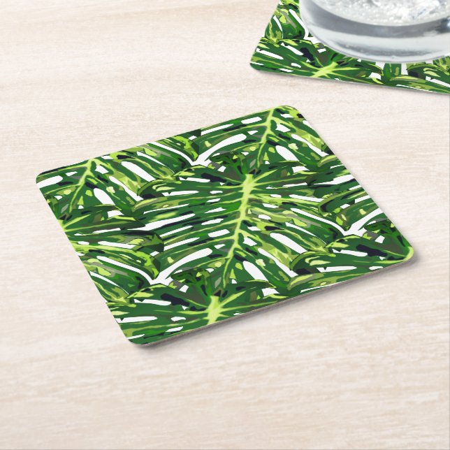 Posavasos Cuadrado De Papel Hojas tropicales de Monstera (En perspectiva)