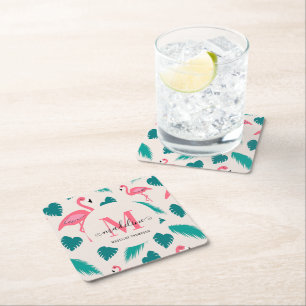 Posavasos Cuadrado De Papel Hojas tropicales Flamingo rosa caliente Monograma 