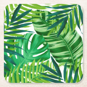 Posavasos Cuadrado De Papel Hojas tropicales verdes