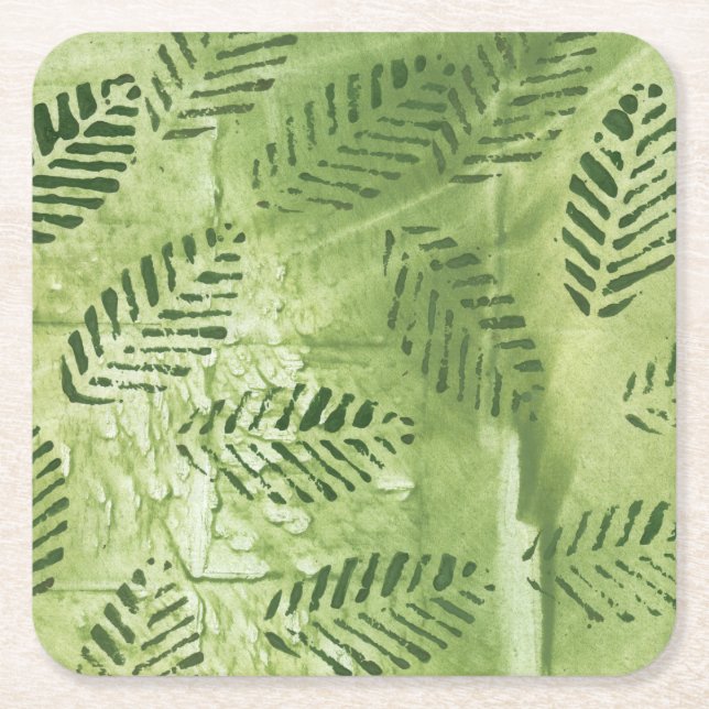 Posavasos Cuadrado De Papel Hojas verdes abstractas (Anverso)