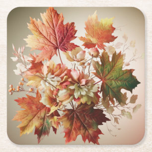 Posavasos Cuadrado De Papel Hojas y flores de otoño en el arte de Bouquet en o