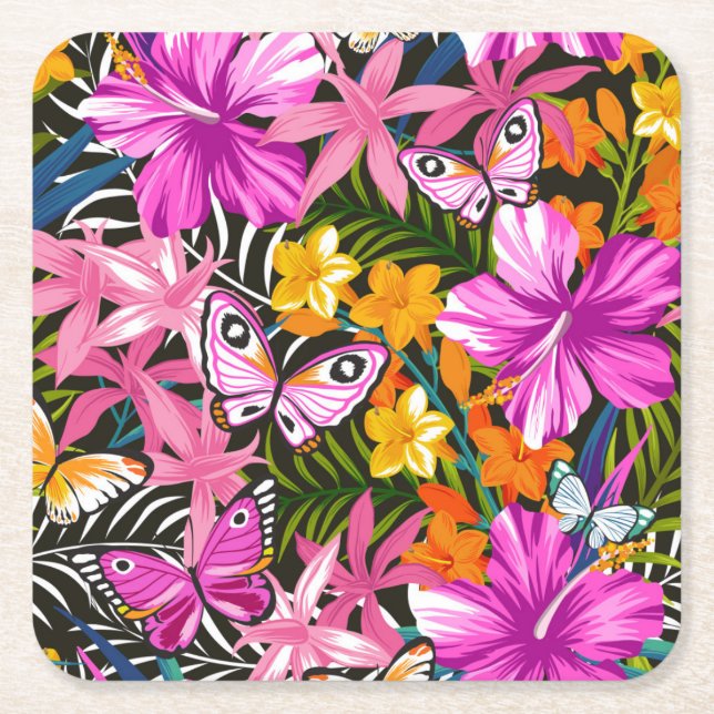 Posavasos Cuadrado De Papel Hojas y flores tropicales (Anverso)