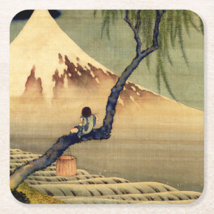 Posavasos Cuadrado De Papel Hokusai Boy viendo la cosecha japonesa del Monte F