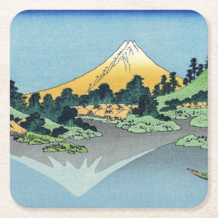 Posavasos Cuadrado De Papel Hokusai - El Monte Fuji reflexiona en el lago Kawa
