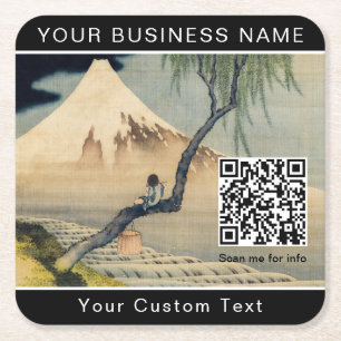 Posavasos Cuadrado De Papel Hokusai - Niño viendo el Monte Fuji - Código QR