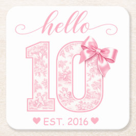 Posavasos Cuadrado De Papel Hola 10 Cumpleaños | Rosa Hola 10 Año Personalizad