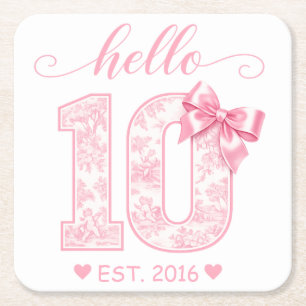 Posavasos Cuadrado De Papel Hola 10 Cumpleaños Rosa Hola 10 Año Personalizad