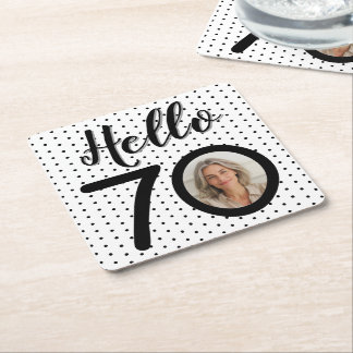 Posavasos Cuadrado De Papel Hola 70 Black & White Dots Foto Cumpleaños