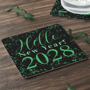 Posavasos Cuadrado De Papel ¡Hola Año Nuevo! Nochevieja Verde Negro Brillante