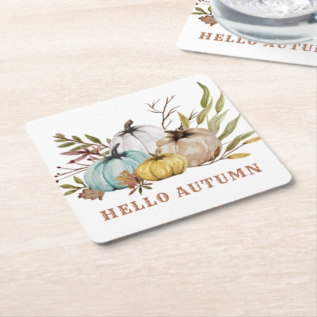 Posavasos Cuadrado De Papel Hola Calabazas acuáticas de otoño (En perspectiva)