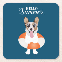 Posavasos Cuadrado De Papel Hola Corgi Beach Dogs de verano