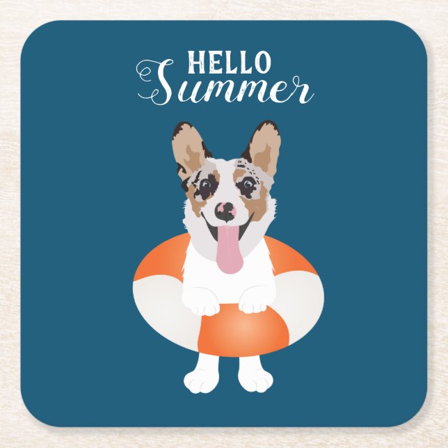 Posavasos Cuadrado De Papel Hola Corgi Beach Dogs de verano (Anverso)