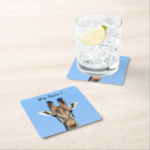 Posavasos Cuadrado De Papel Hola, divertida foto de Giraffe con texto