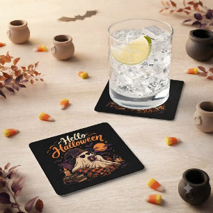 Posavasos Cuadrado De Papel Hola Halloween Fantasma Lindo Bebiendo Café