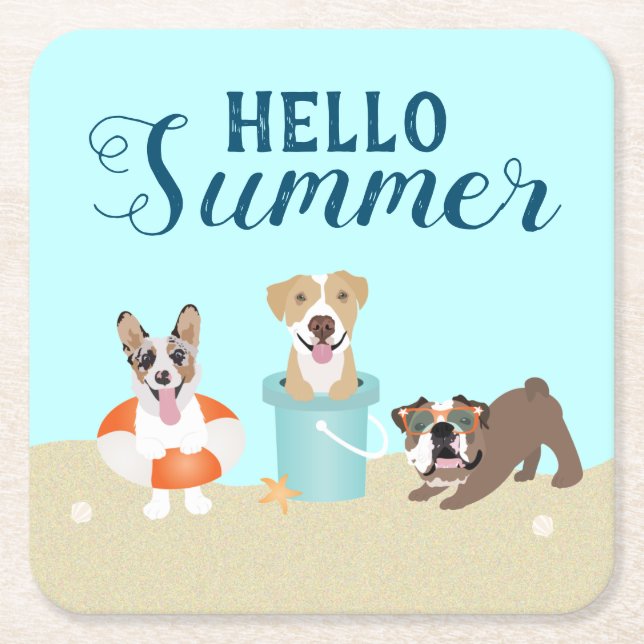Posavasos Cuadrado De Papel Hola Naranja azul de perros de playa de verano (Anverso)