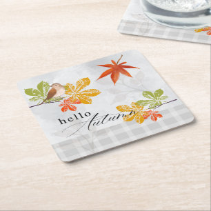 Posavasos Cuadrado De Papel Hola otoño con hojas de aves y caídas