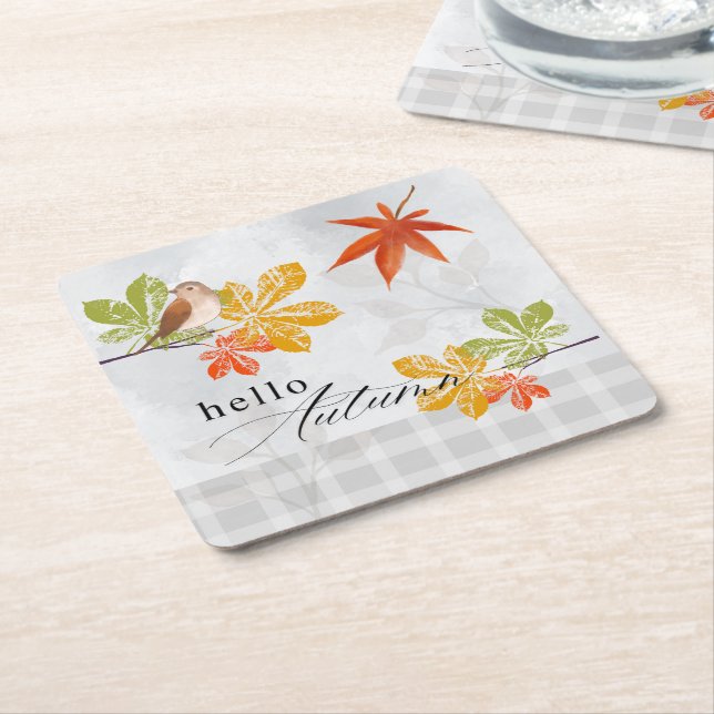 Posavasos Cuadrado De Papel Hola otoño con hojas de aves y caídas (En perspectiva)