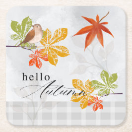 Posavasos Cuadrado De Papel Hola otoño con hojas de aves y caídas