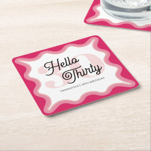Posavasos Cuadrado De Papel Hola Treinta Wavy Groovy cumpleaños 30