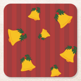 Posavasos Cuadrado De Papel Holiday Red Gold Stripe Bells Christmas