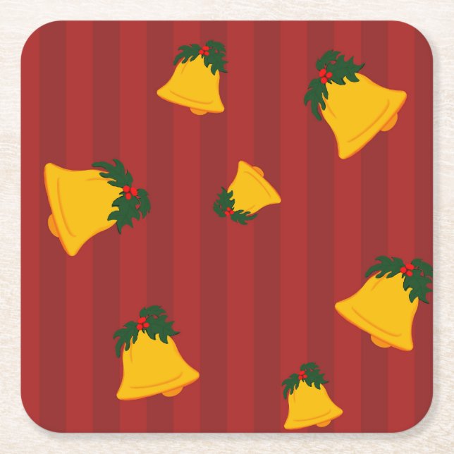 Posavasos Cuadrado De Papel Holiday Red Gold Stripe Bells Christmas (Anverso)