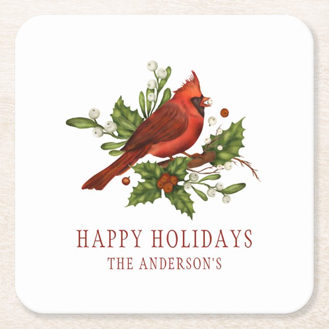 Posavasos Cuadrado De Papel Holly Berry Cardinal Holiday Monogram Mistletoe (Anverso)