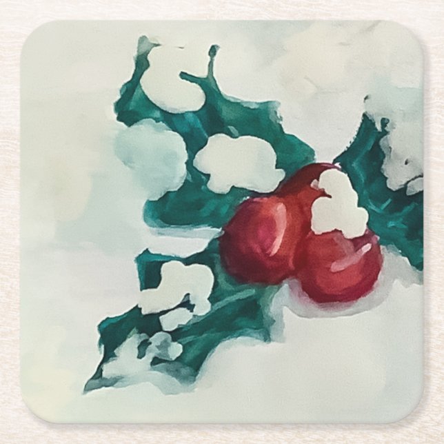Posavasos Cuadrado De Papel Holly in Snow (Anverso)
