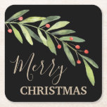 Posavasos Cuadrado De Papel Holly y Berries en la Navidad de los moras negras<br><div class="desc">Elegante hueso y bayas con Feliz Navidad o tu propia información en letras de moda en cualquier color (usamos oro) y en cualquier fondo de color (hemos usado negro.) Se pueden modificar todo el texto, las fuentes y los colores del tipo de letra, sólo tienes que hacer clic en el...</div>