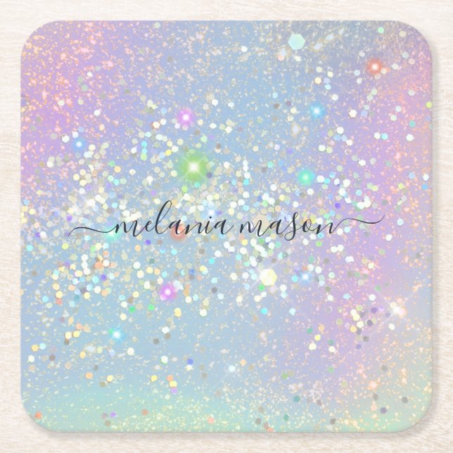 Posavasos Cuadrado De Papel Holographic Glam Purpurina Elegant Sparkles (Anverso)