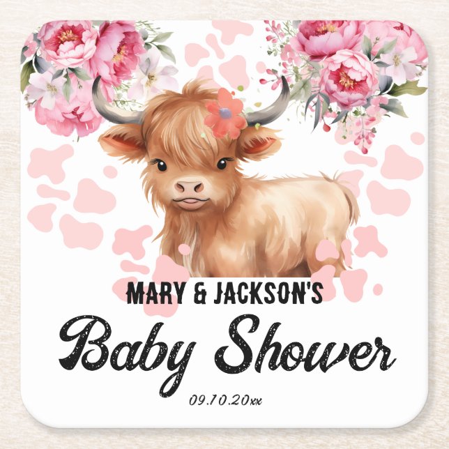 Posavasos Cuadrado De Papel Holy Cow Floral Baby Shower (Anverso)