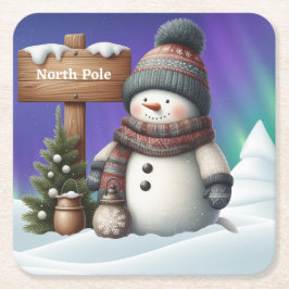 Posavasos Cuadrado De Papel Hombre de nieve blanco en el Polo Norte con luces 