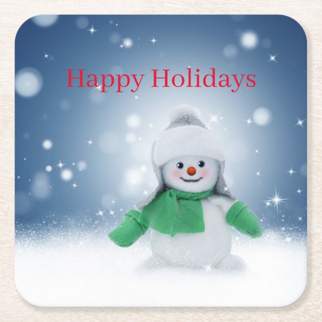 Posavasos Cuadrado De Papel Hombre de nieve con una bufanda verde (Anverso)
