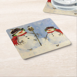 Posavasos Cuadrado De Papel Hombre de nieve e hijo