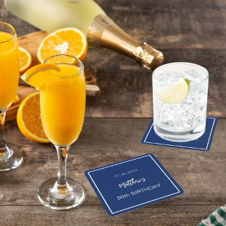 Posavasos Cuadrado De Papel Hombre minimalista blanco azul marino de cumpleaño